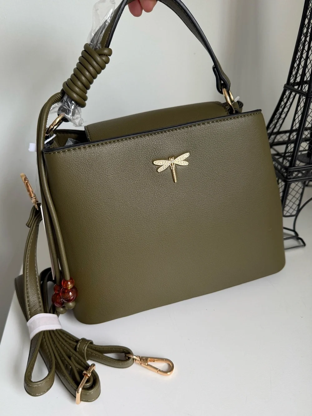 Olive Green Dragonfly Accent Top-Handle Satchel